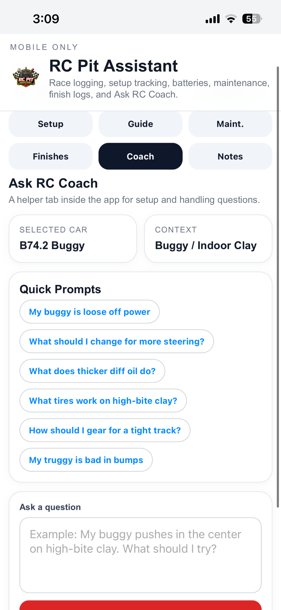 RC Pit Assistant coach screen