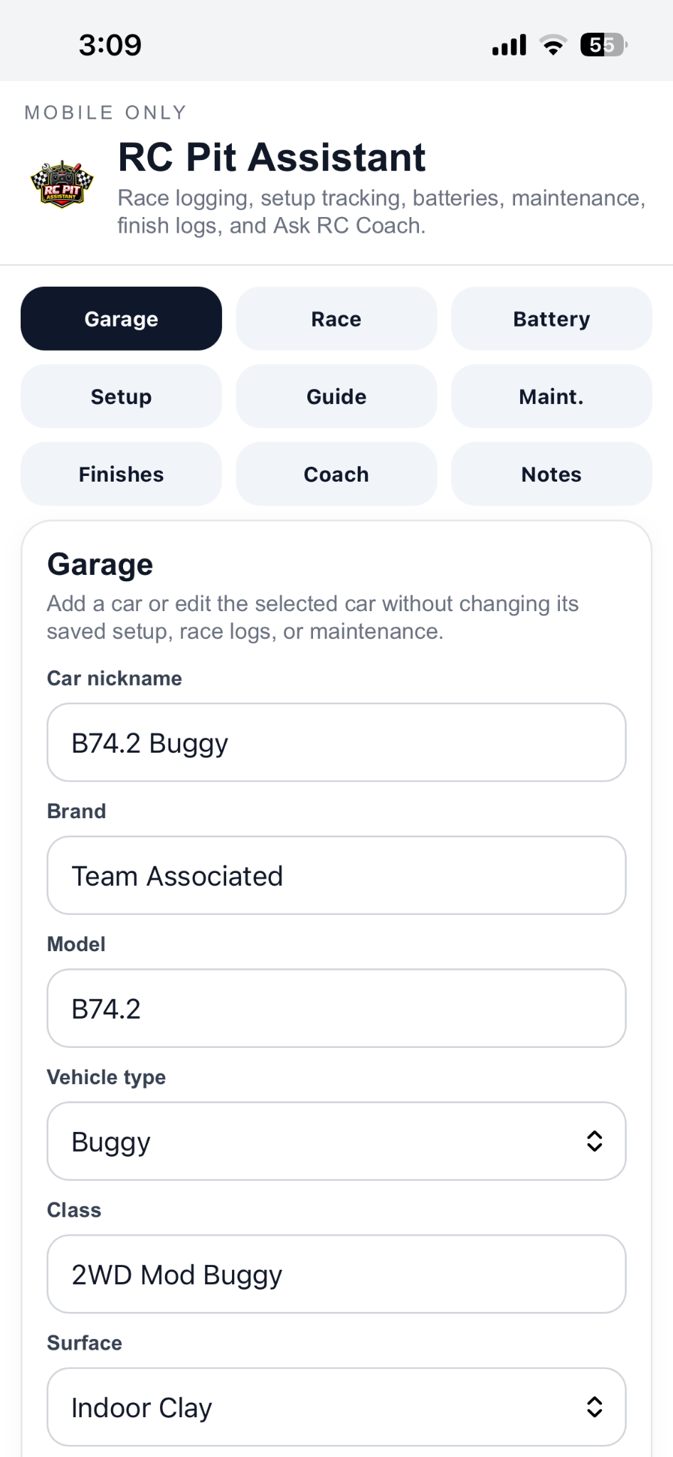RC Pit Assistant garage screen