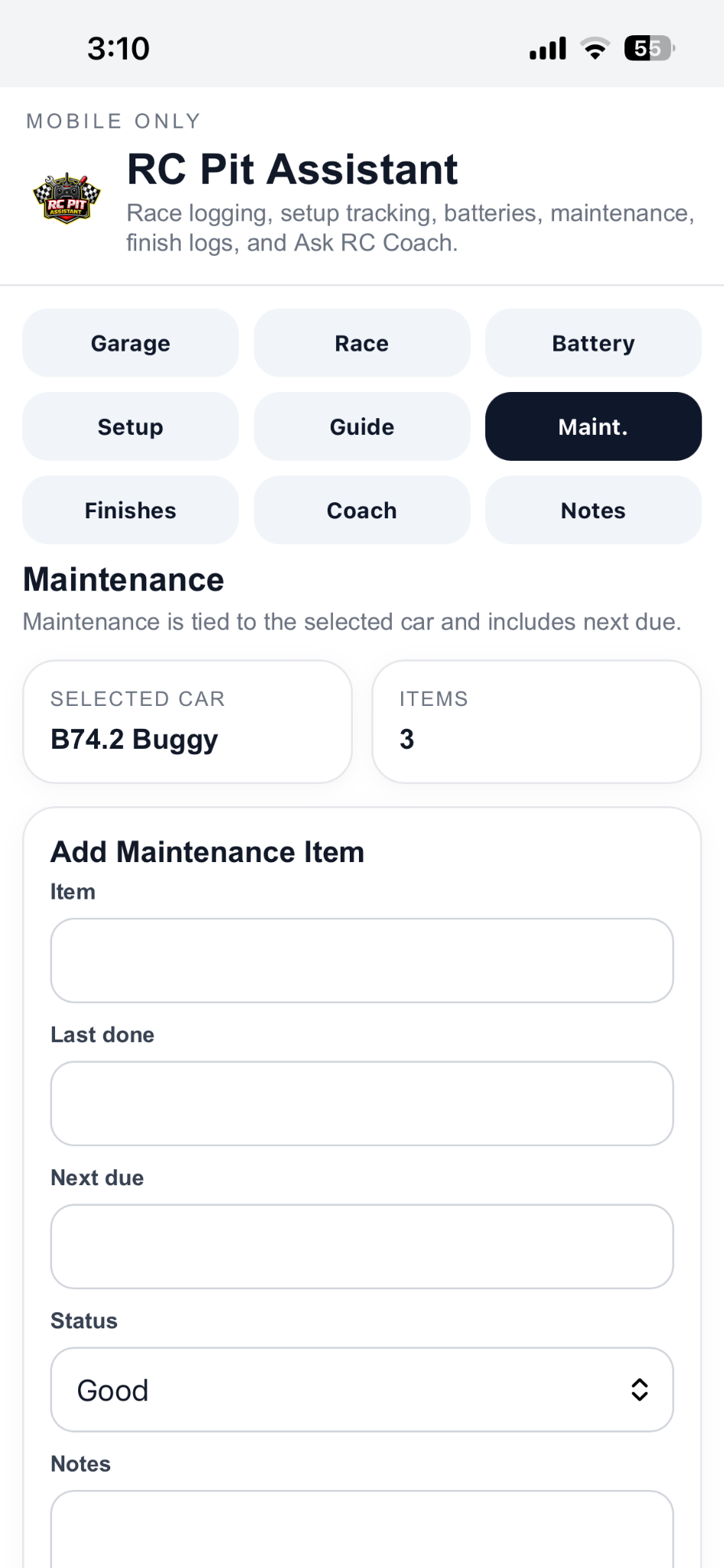 Maintenance screen