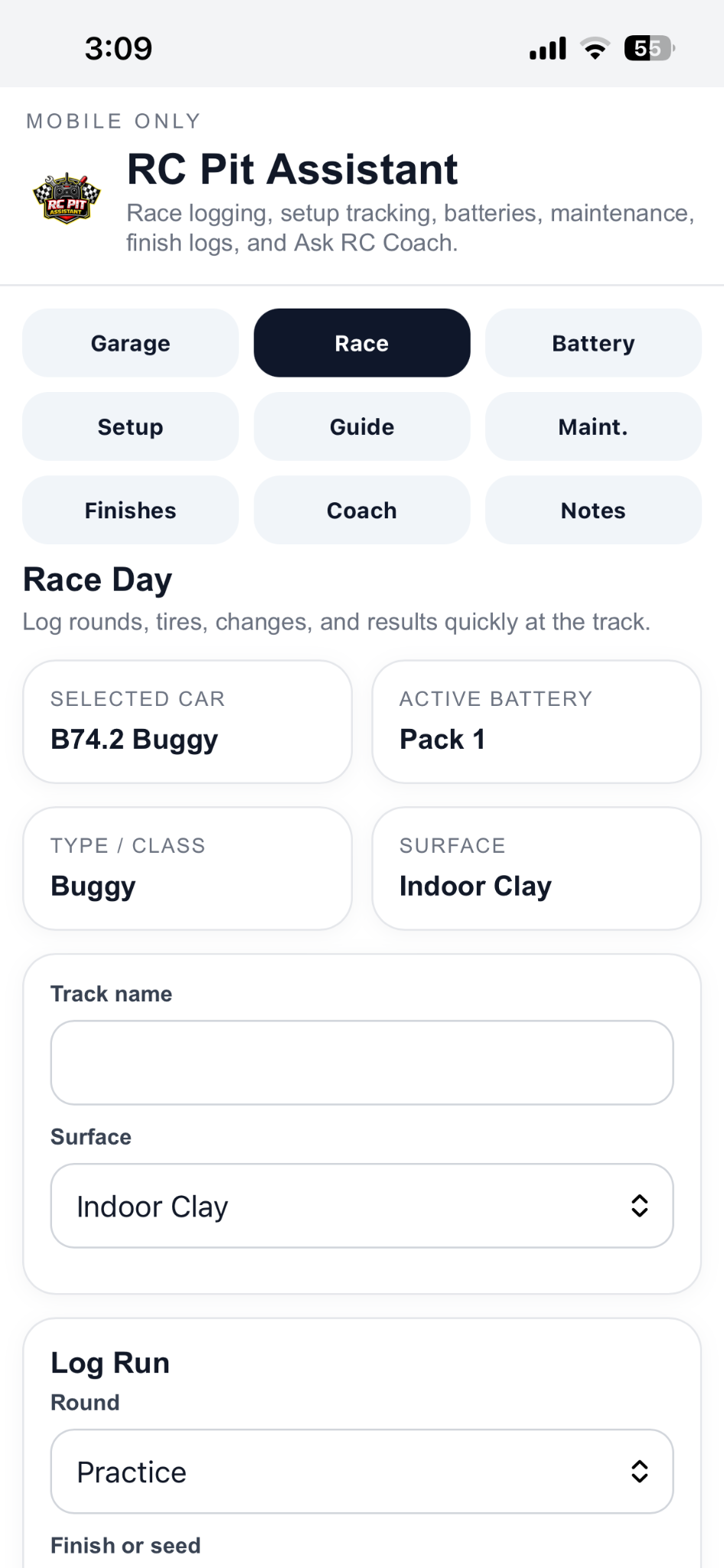 RC Pit Assistant race day screen
