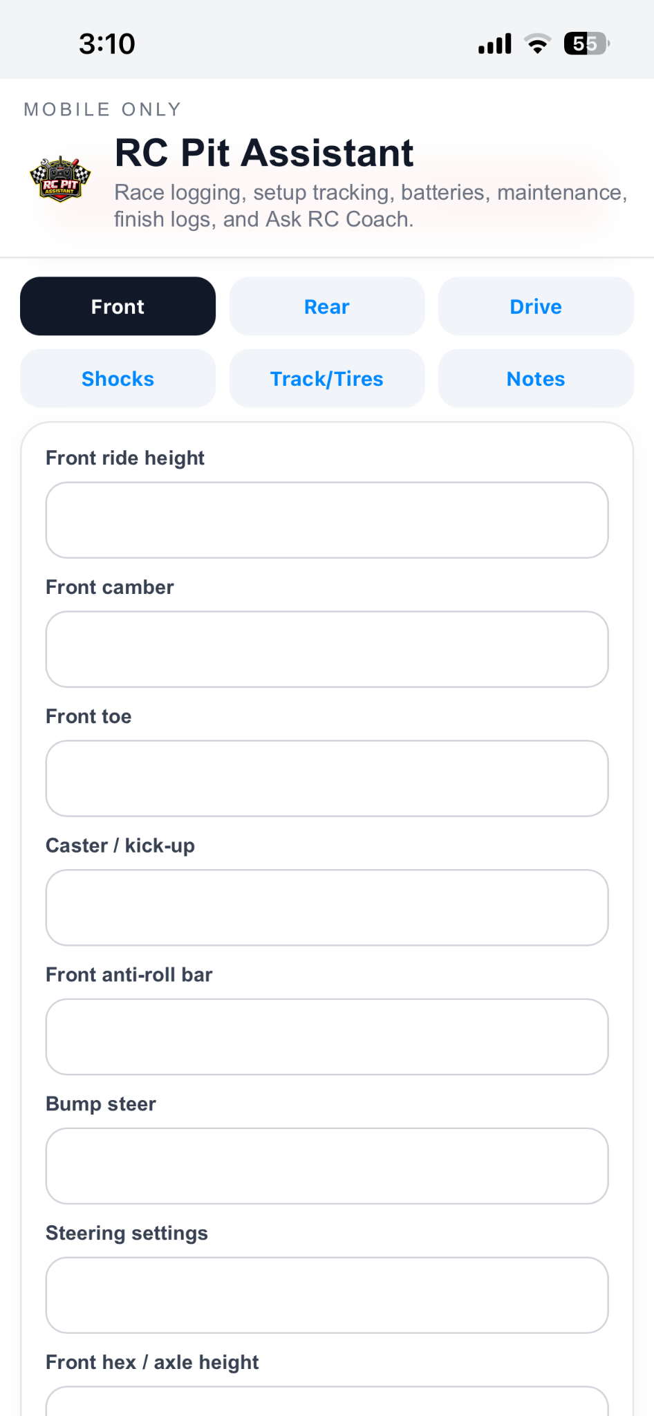 RC Pit Assistant setup screen